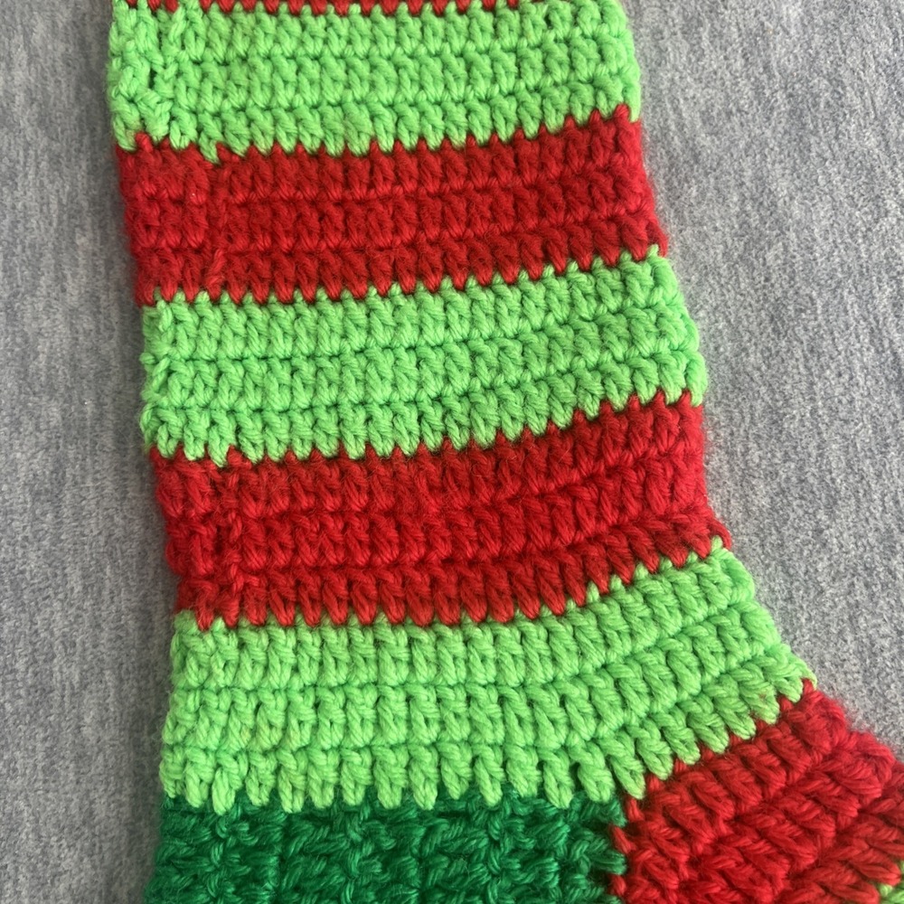 Crochet Christmas Striped Stocking Handmade Red Green Grannycore Vintage 17" EUC - Picture 3 of 12